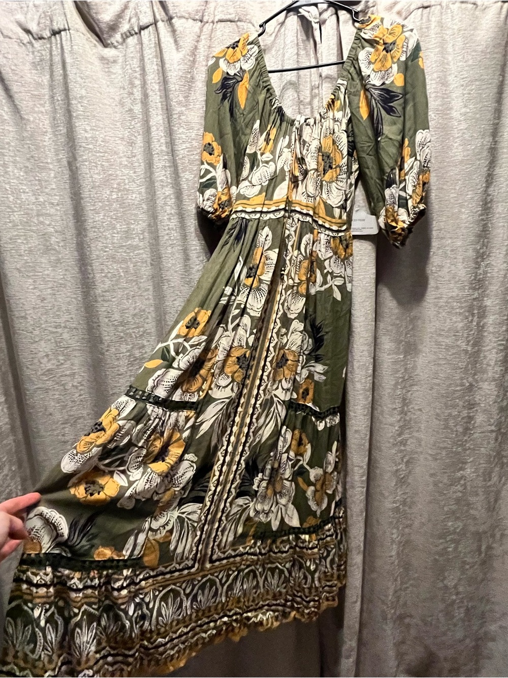 Angie Olive Maxi Dress with Yellow & White Floral Print